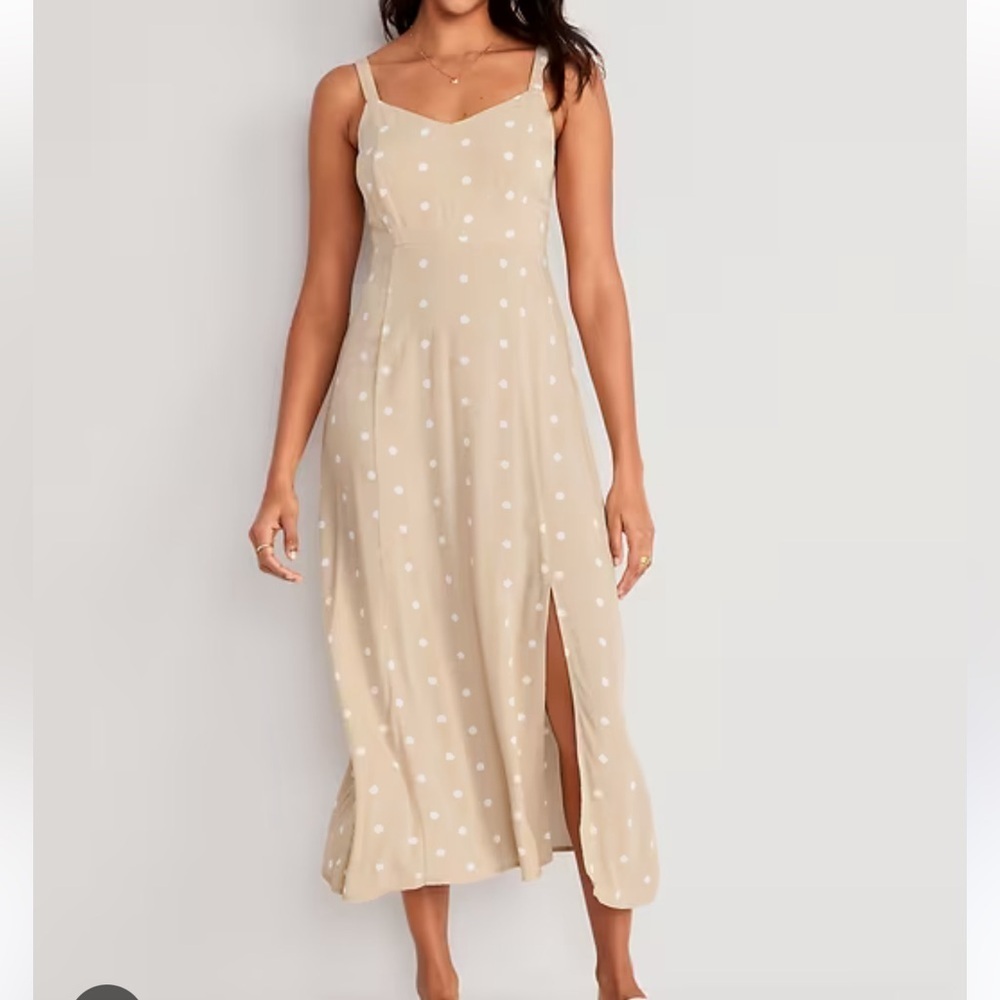 Old Navy Preppy Feminine Cream Polka Dot Midi Slip Dress Side Slit Small NEW